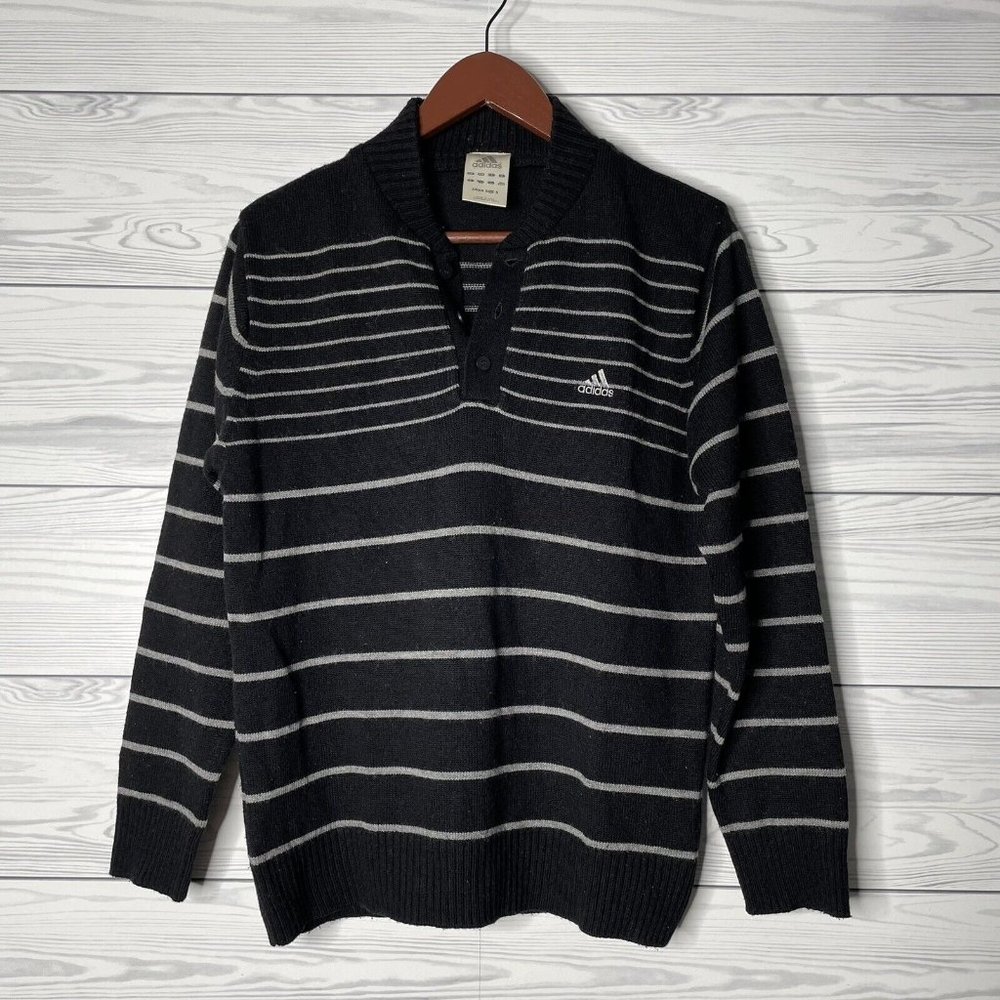 VTG Adidas Wool Blend Black White Striped Button Neck Pullover Sweater Small